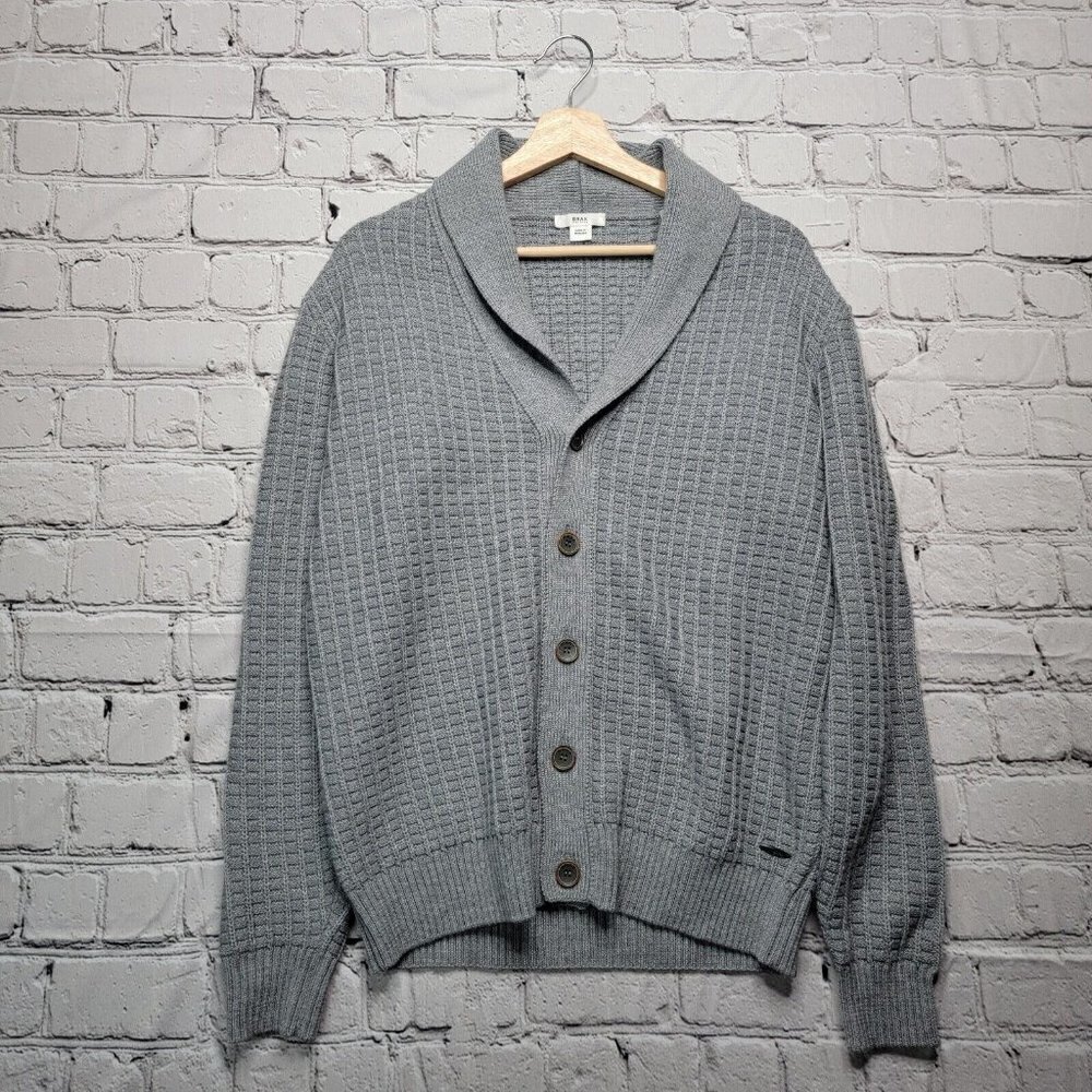 Brax James Virgin Merino Wool‎ Blend Gray Shawl Collar Knit Button Cardigan Sz L